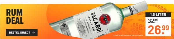 Rum deal: 1,5 liter bacardi carta blanca van &euro;32,99 nu voor &euro;26,99